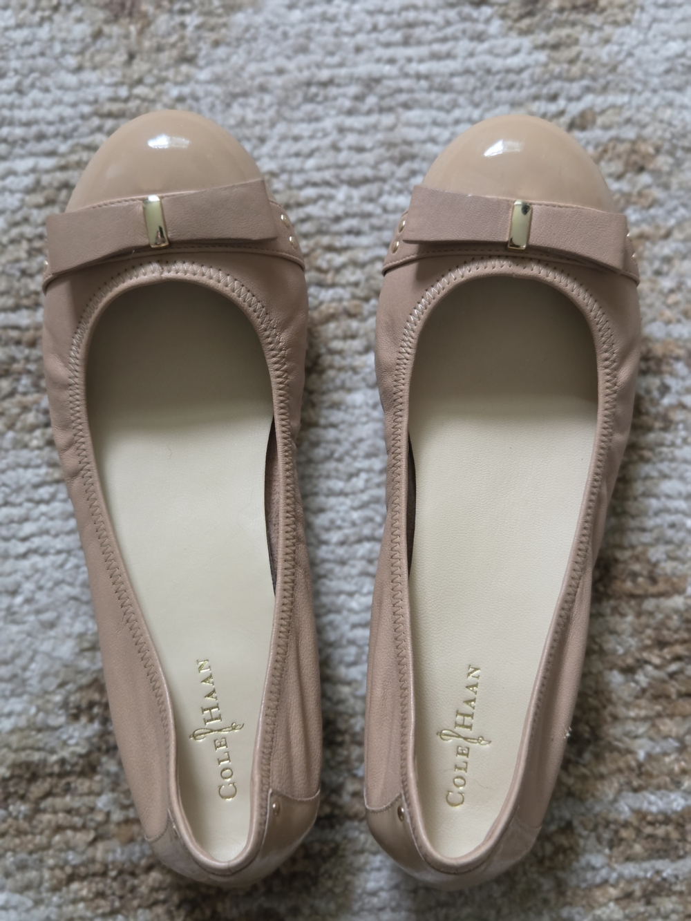 Cole Haan Nude Patent-Toe Ballet Flats with Bow